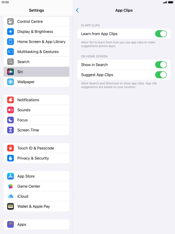 Press the indicators next to the required settings to turn them on or off.
