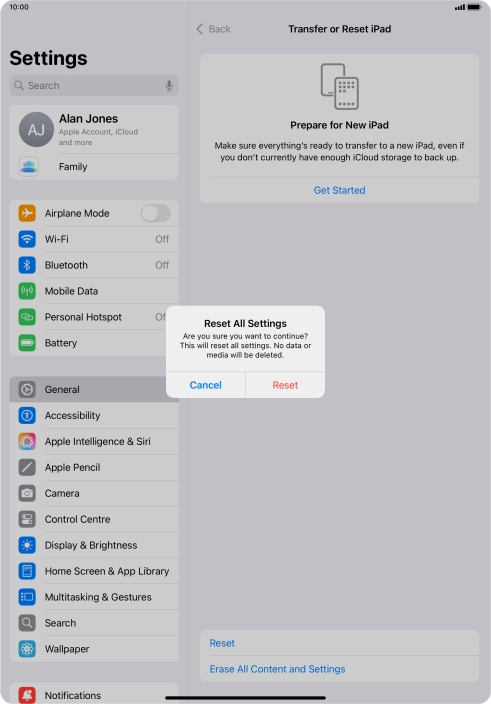 Press Reset. Wait a moment while the factory default settings are restored. Follow the instructions on the screen to set up your tablet and prepare it for use.