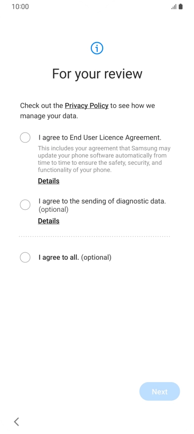 Press the fields next to the required settings to select them. Press the fields next to the required settings to select them.