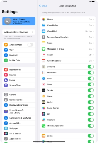 Press the indicators next to the required data types to turn synchronisation of each data type on or off.