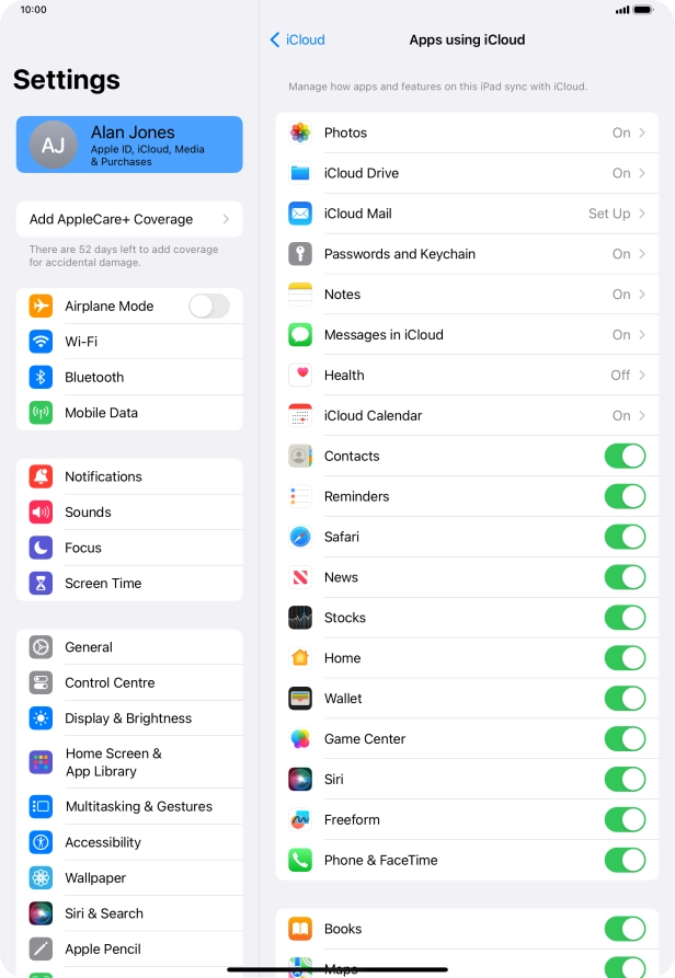 Press the indicators next to the required data types to turn synchronisation of each data type on or off.