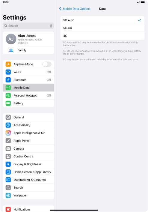 Press the required setting.