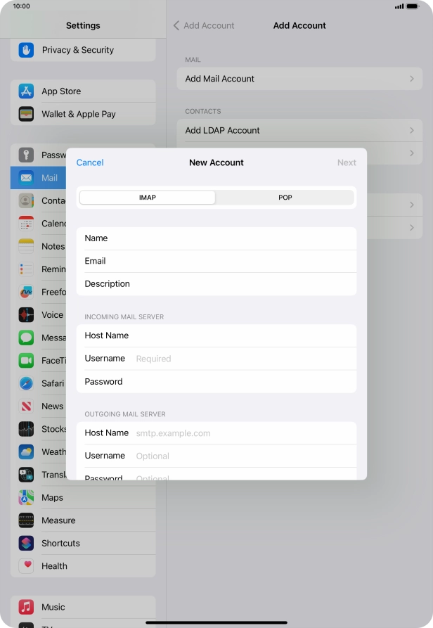Press Username and key in the username for your email account.