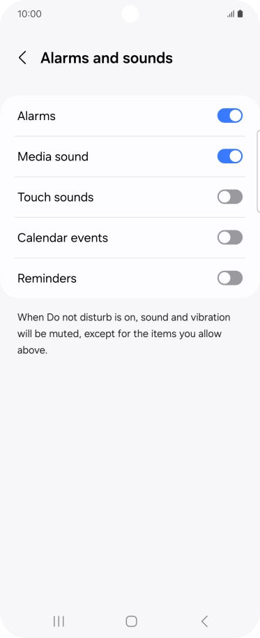 Press the required settings to turn sound and vibration for the selected functions on or off.