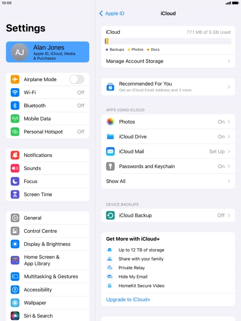 Press iCloud Backup.