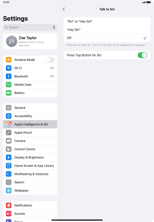 Press the required setting to turn the function on or off. If you turn on the function, you need to follow the instructions on the screen to set up Siri to recognise your voice.