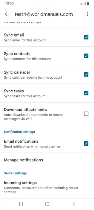 Press the fields next to the required data types to turn synchronisation on or off.