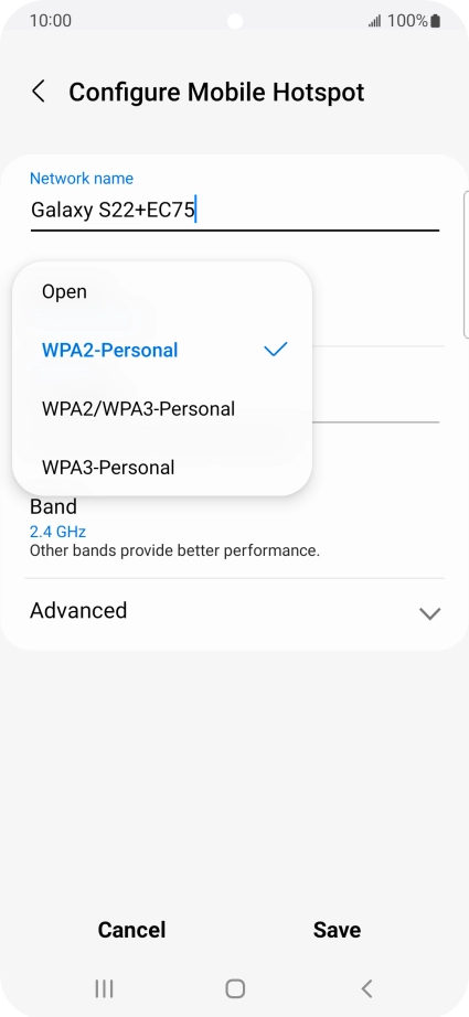 Press WPA3-Personal to password protect your Wi-Fi hotspot. Press WPA3-Personal to password protect your Wi-Fi hotspot.
