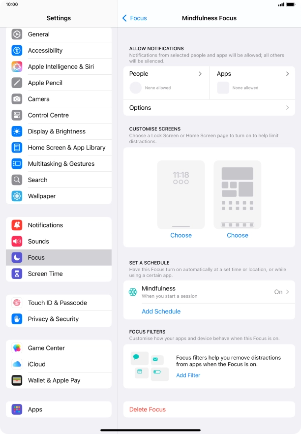 Press People and follow the instructions on the screen to select which contacts you would like to receive calls and notifications from when the selected focus mode is active. Press People and follow the instructions on the screen to select which contacts you would like to receive calls and notifications from when the selected focus mode is active.
