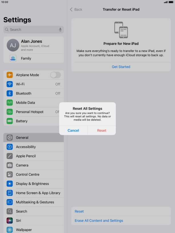 Press Reset. Wait a moment while the factory default settings are restored. Follow the instructions on the screen to set up your tablet and prepare it for use. Press Reset. Wait a moment while the factory default settings are restored. Follow the instructions on the screen to set up your tablet and prepare it for use.