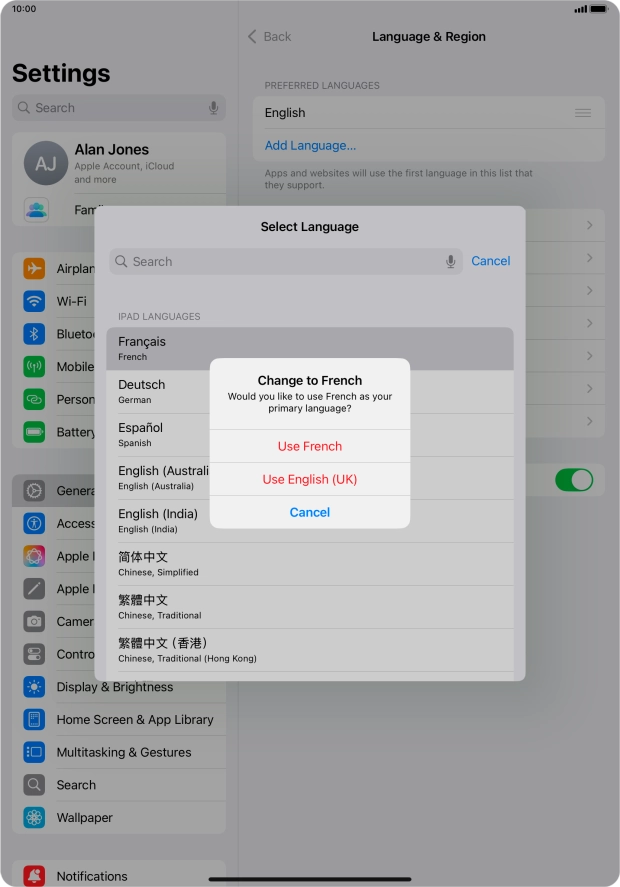 To select the new language as the default tablet language, press Use ‹language›.