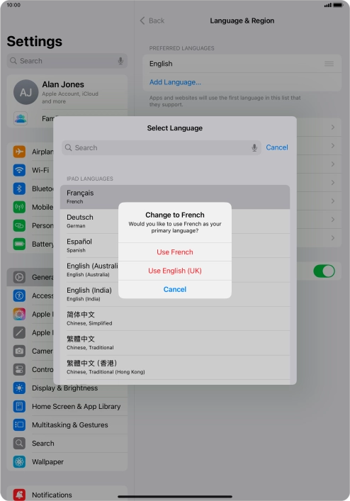 To select the new language as the default tablet language, press Use ‹language›. To select the new language as the default tablet language, press Use ‹language›.