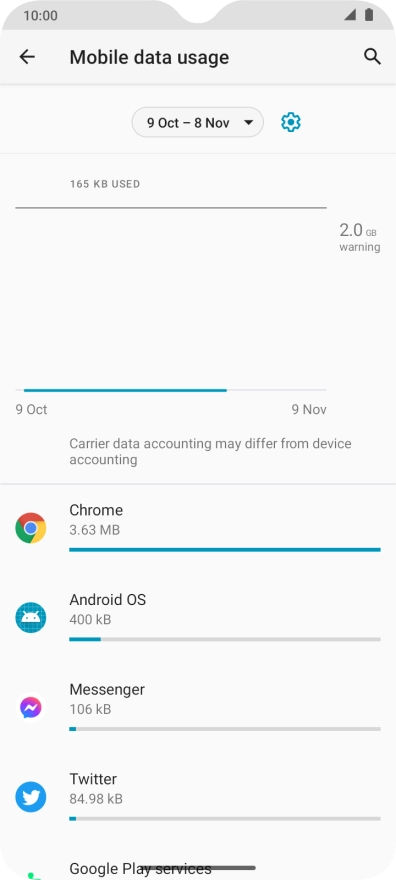 The data usage for each application is displayed below the name of the application. The data usage for each application is displayed below the name of the application.