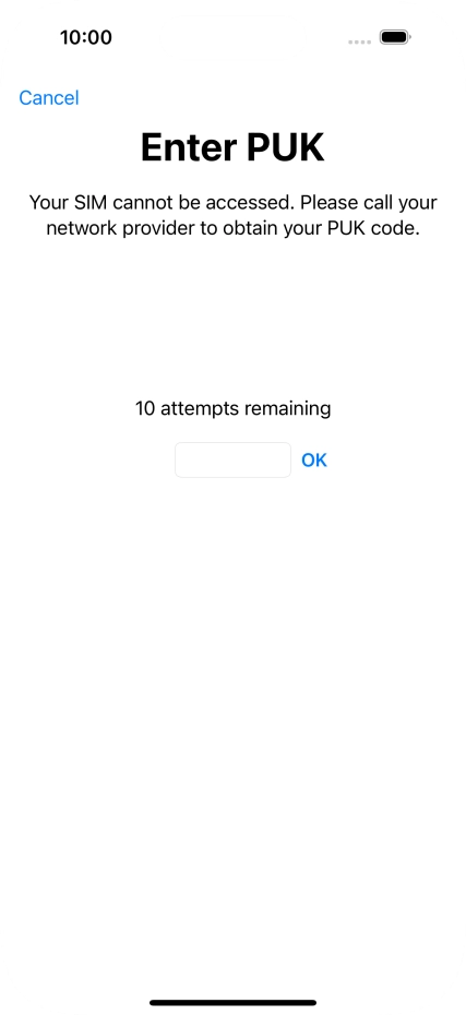 Key in the PUK and press OK.