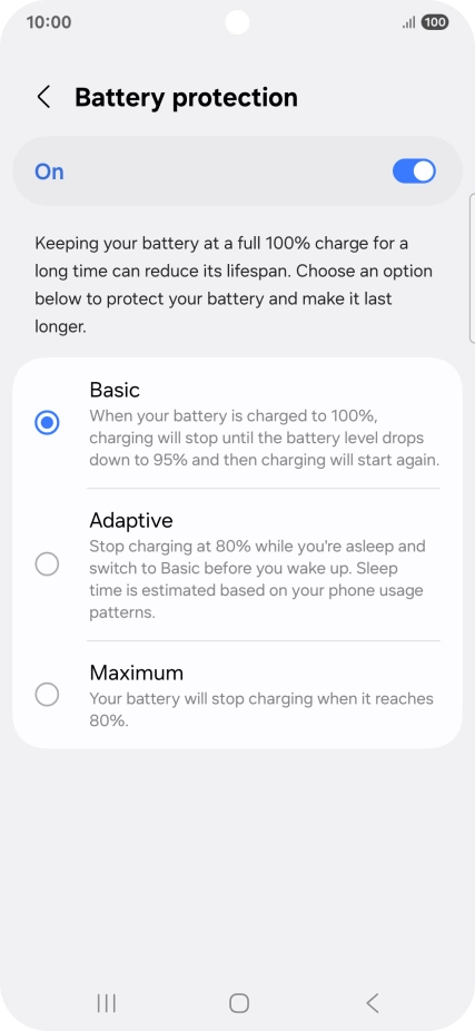 Press the required setting.
