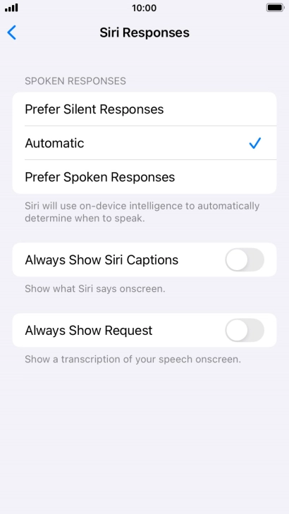 Press the required setting.