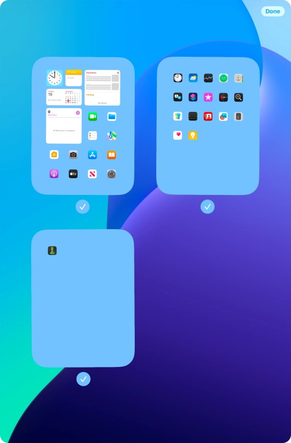 Press the field below the required home screen pages to select or deselect them. Press the field below the required home screen pages to select or deselect them.