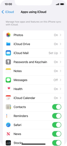 Press the indicators next to the required data types to turn synchronisation of each data type on or off.