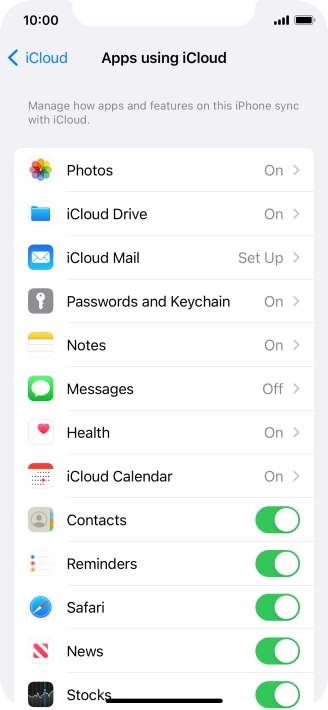 Press the indicators next to the required data types to turn synchronisation of each data type on or off.