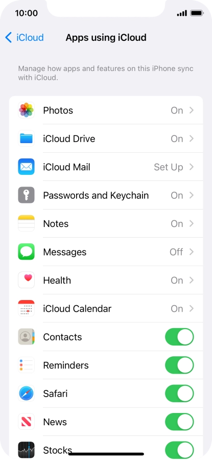 Press the indicators next to the required data types to turn synchronisation of each data type on or off.