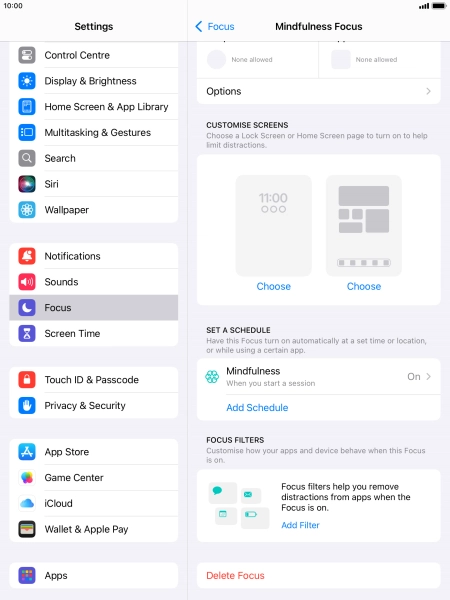 Press Add Filter and follow the instructions on the screen to set the required focus filters.