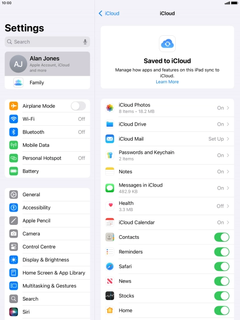 Press the indicators next to the required data types to turn synchronisation of each data type on or off.