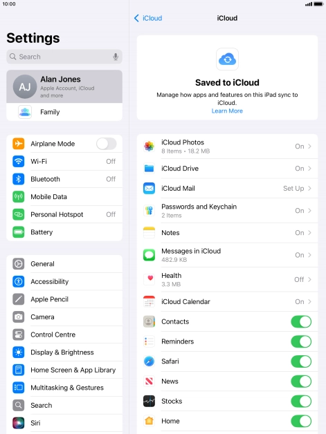 Press the indicators next to the required data types to turn synchronisation of each data type on or off.