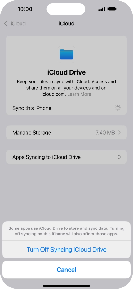 If you turn off the function, press Turn Off Syncing iCloud Drive.