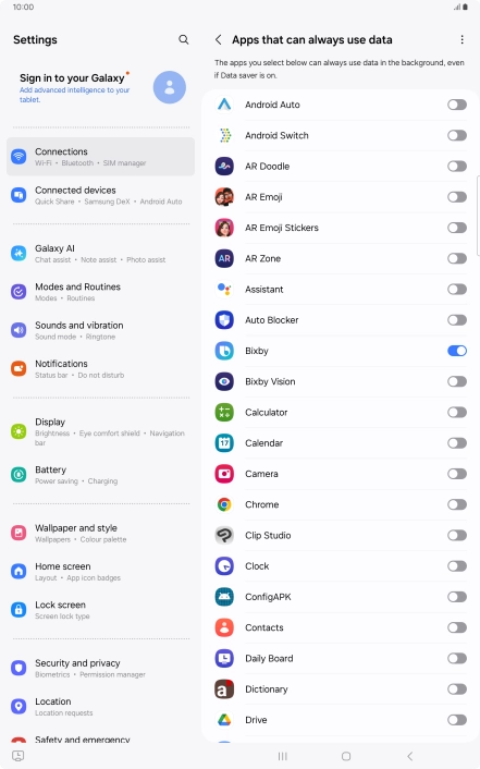 Press the indicators next to the required apps to turn the function on or off.