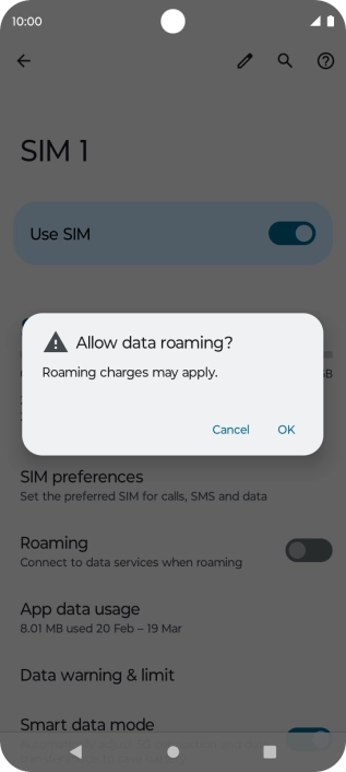 If you turn on data roaming, press OK. If you turn on data roaming, press OK.
