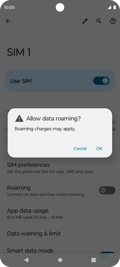 If you turn on data roaming, press OK. If you turn on data roaming, press OK.