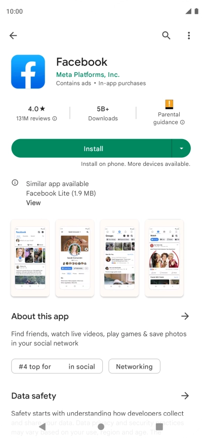 Press Install and follow the instructions on the screen to install Facebook.