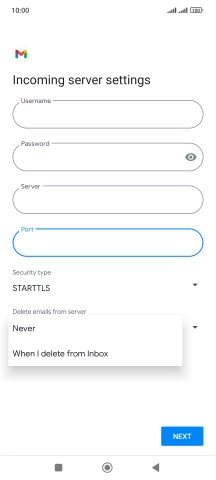 Press Never to keep email messages on the server when you delete them on your phone.