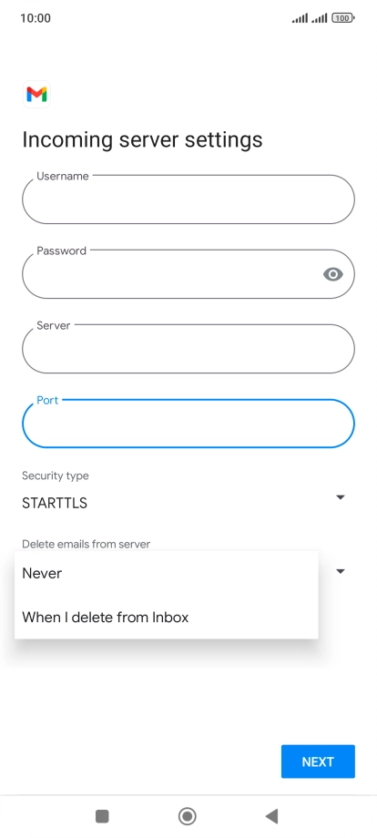 Press Never to keep email messages on the server when you delete them on your phone.