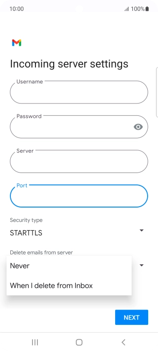 Press Never to keep email messages on the server when you delete them on your phone.