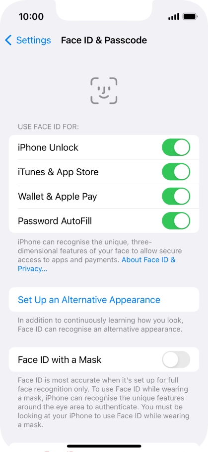 Press the indicators next to the required settings to turn them on or off.