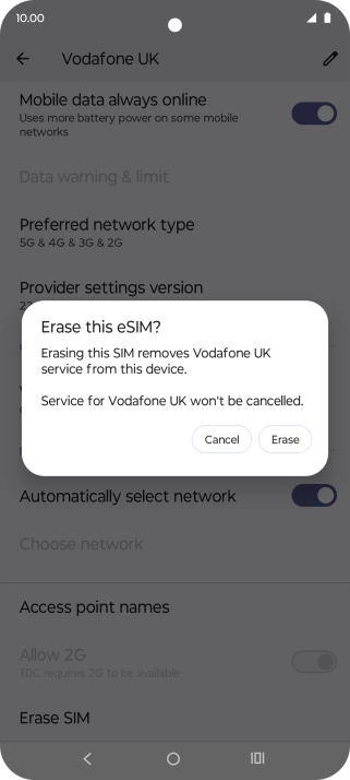 Press Erase and follow the instructions on the screen to delete your eSIM.