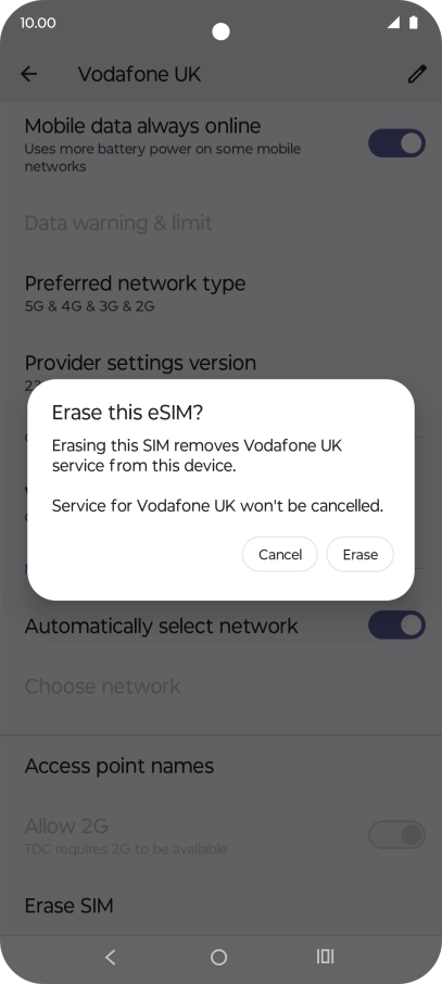 Press Erase and follow the instructions on the screen to delete your eSIM.