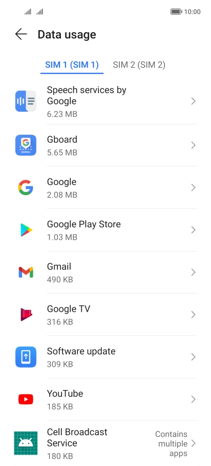 The data usage for each application is displayed below the name of the application.