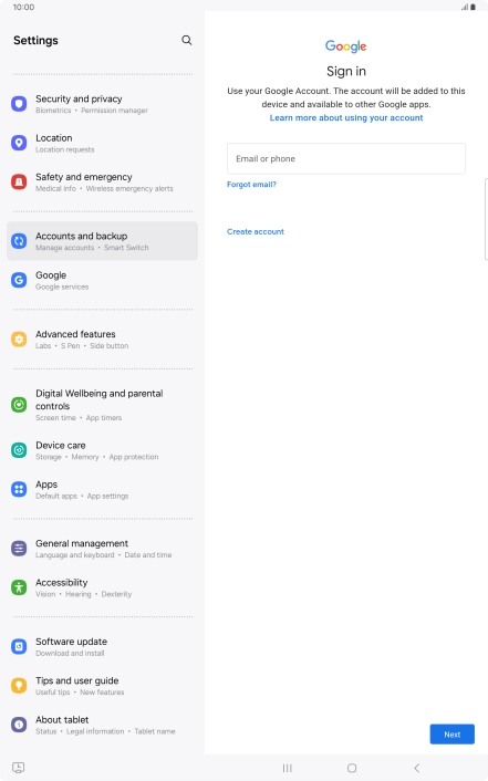 If you don't have a Google account, press Create account and follow the instructions on the screen to create an account. If you don't have a Google account, press Create account and follow the instructions on the screen to create an account.