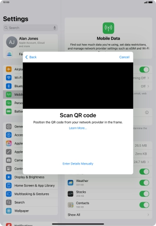 Place the QR code you've received inside the tablet camera frame to scan the code. If you’ve deleted your eSIM, you can re-add it using your existing QR code. If you’re having problems, see our FAQ.