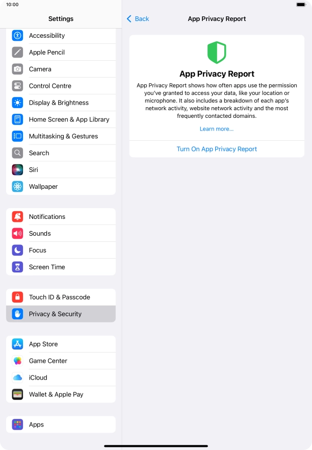 Press Turn On App Privacy Report to turn on the function. Press Turn On App Privacy Report to turn on the function.