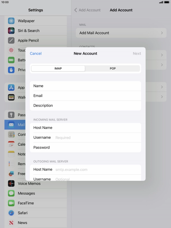 Press Username and key in the username for your email account.