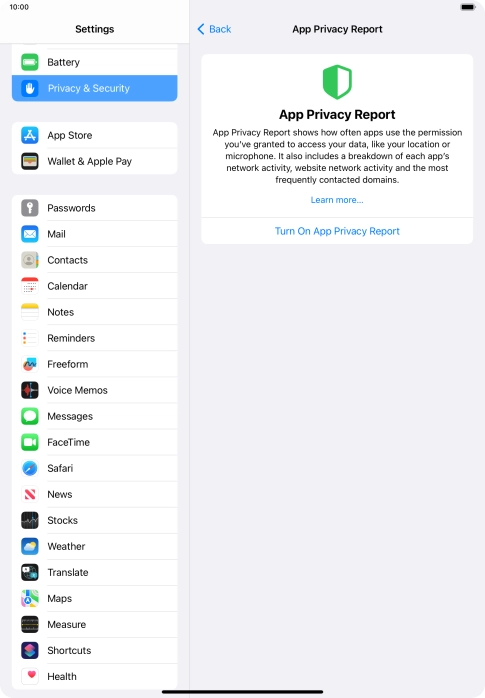 Press Turn On App Privacy Report to turn on the function.