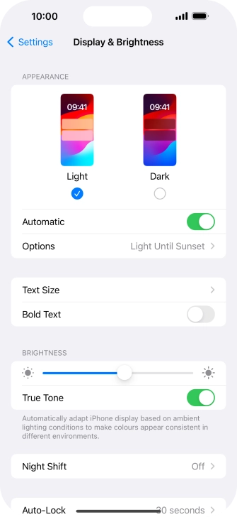 If you turn on the function, press Options and follow the instructions on the screen to select the required period of time for Dark Mode.