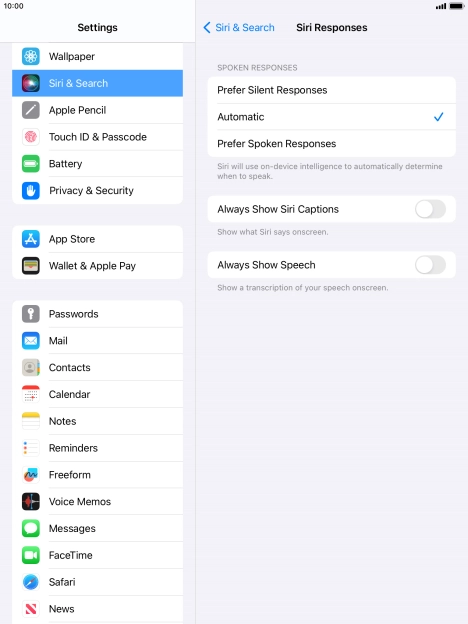 Press the required setting.