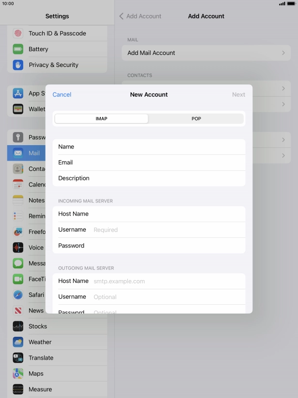 Press Username and key in the username for your email account.