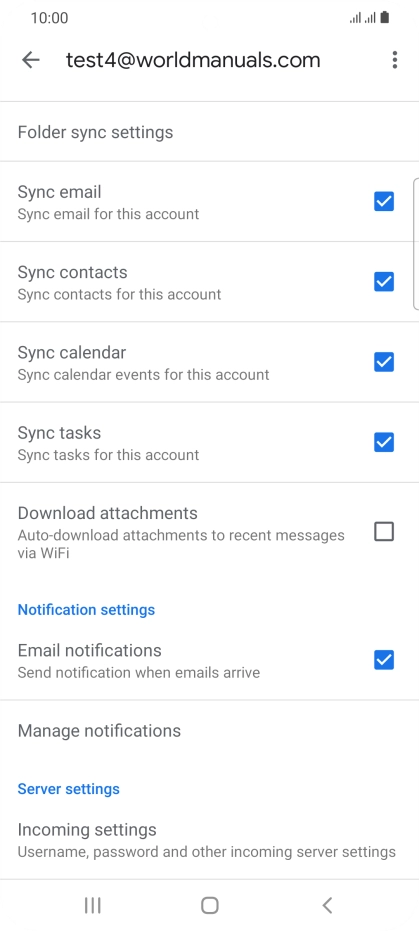 Press the fields next to the required data types to turn synchronisation on or off.