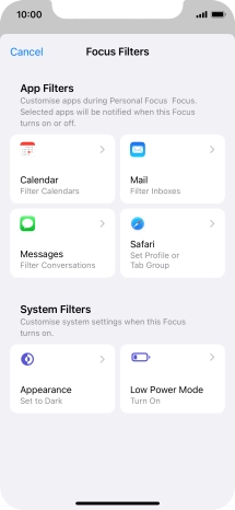 To see specific calendars in the selected focus mode, press Calendar and follow the instructions on the screen to select the required calendars.