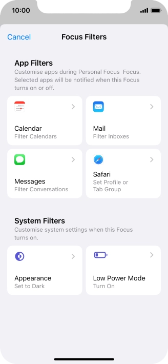 To see specific calendars in the selected focus mode, press Calendar and follow the instructions on the screen to select the required calendars.